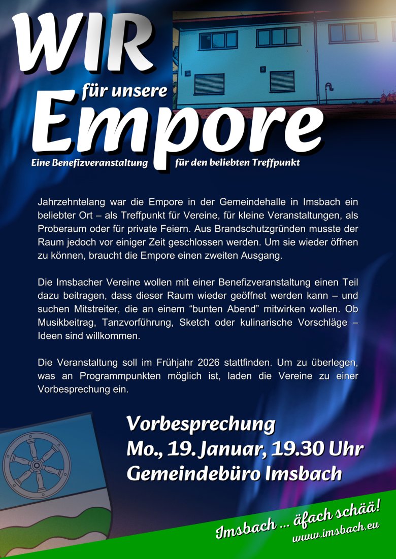 Poster for the preliminary meeting for the fundraising event for the gallery in the Imsbach community hall