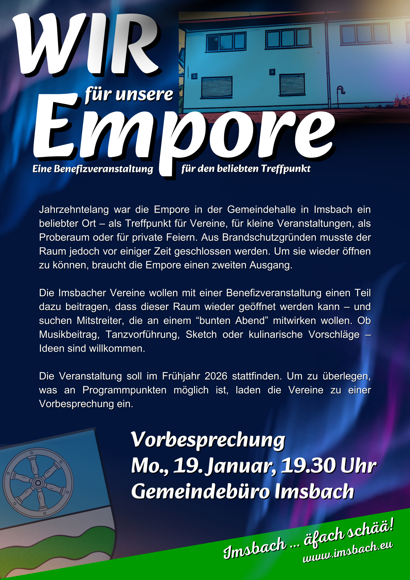 Plakat für die Vorbesprechung zur Benefizveranstaltung für die Empore in der Imsbacher Gemeindehalle